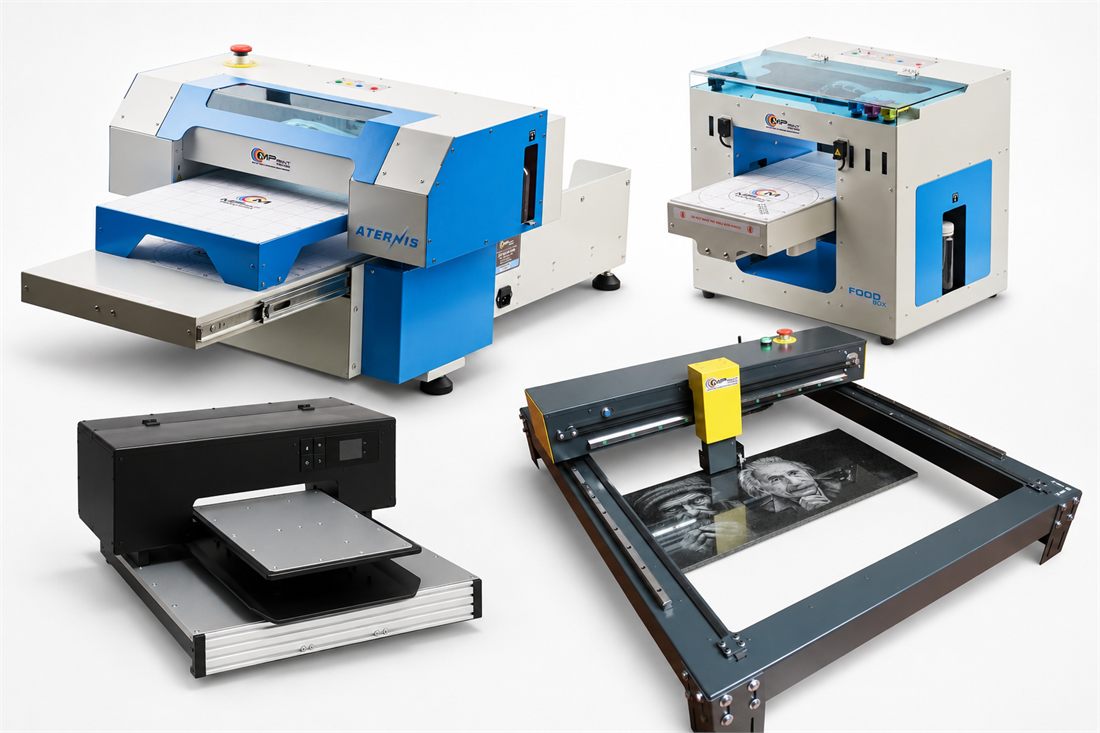 MPrint Printers equipment collage: food printer, UV printer, textile printer and granite engraving machine